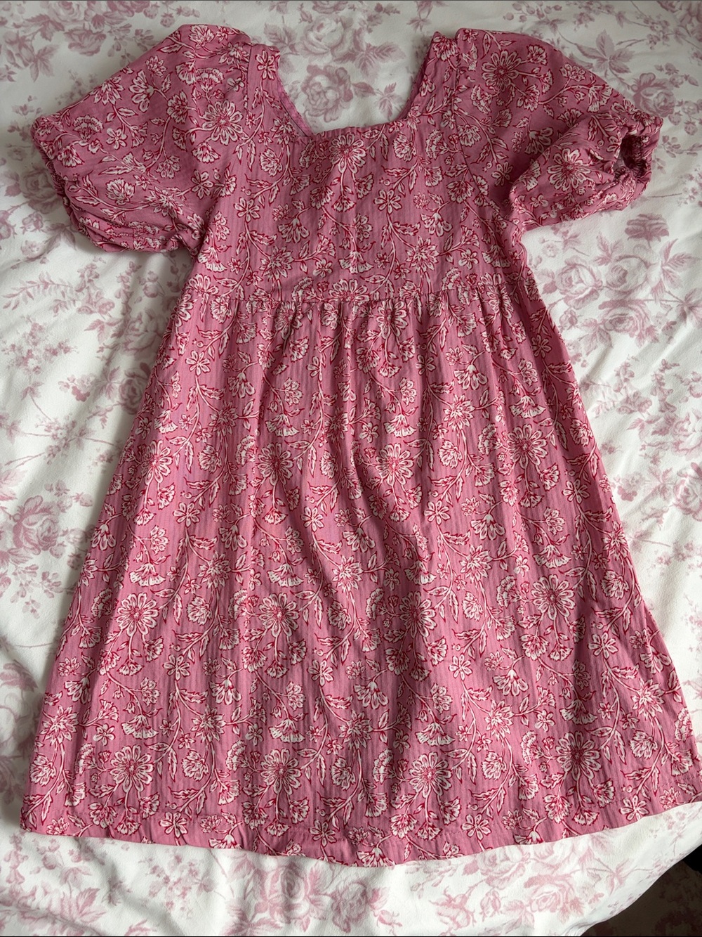 Girls' Rose Pink Floral Puff-Sleeve Casual Dress